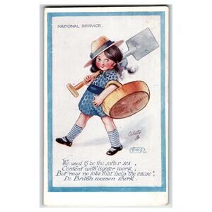 WWI National Service Girl Shovel Basket Poem Raphael Tuck Oilette 1915 V.W.S